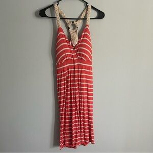 Pink Rose Coral and Beige Stripe Crochet Racerback Sleeveless Summer Dress